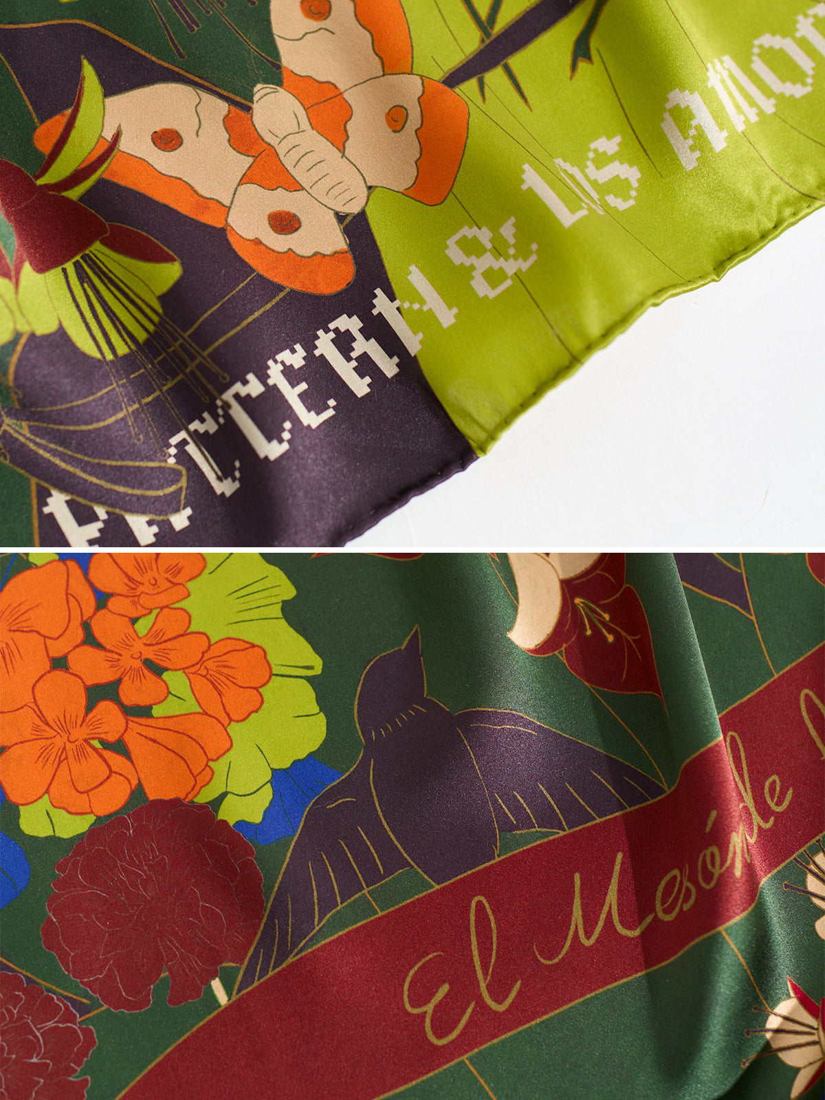 FRIDA x LOST PATTERN "Los Amores de Frida" Large Silk Scarf - Dark Green
