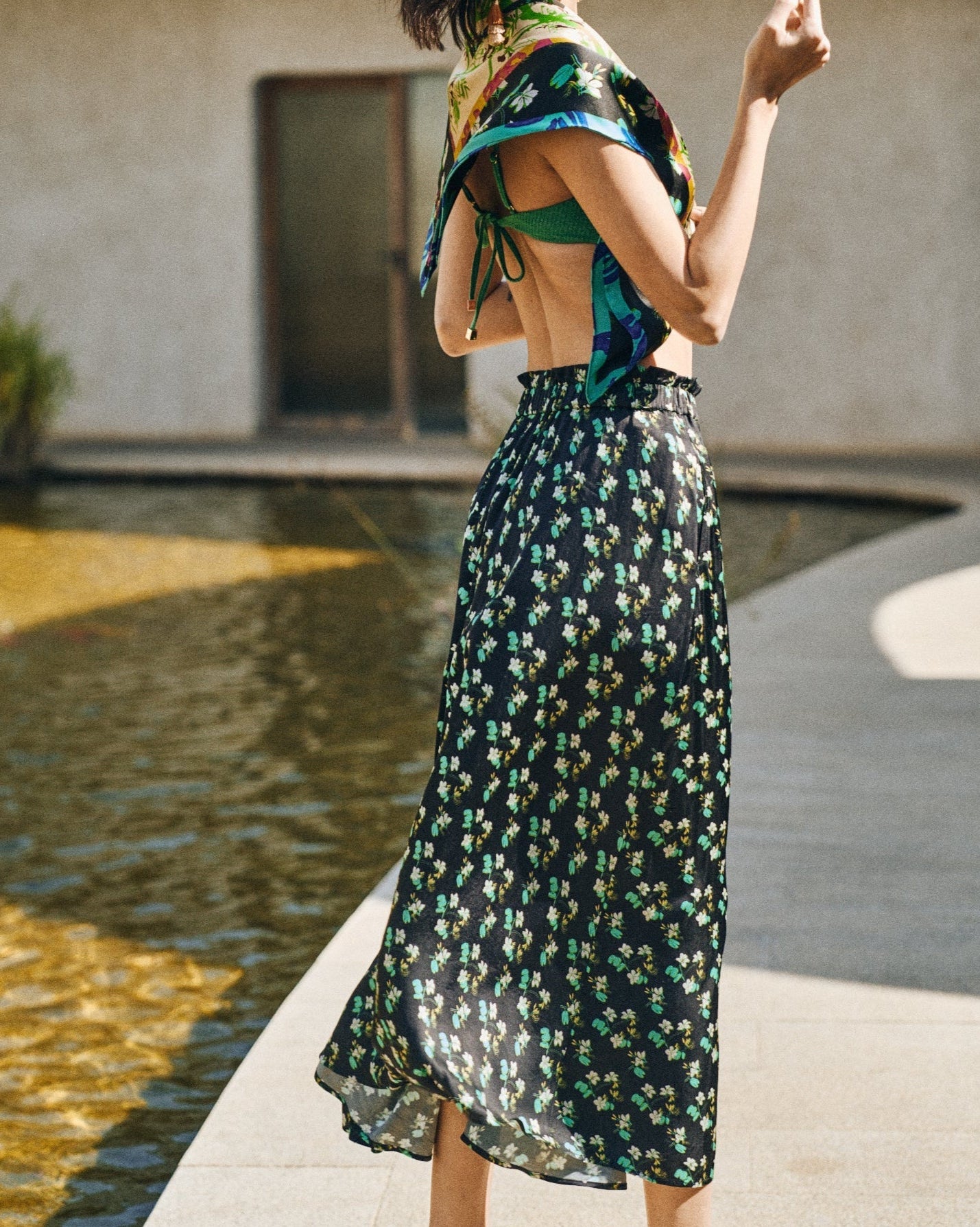 "Beach Blossom" Satin Midi Skirt -Black