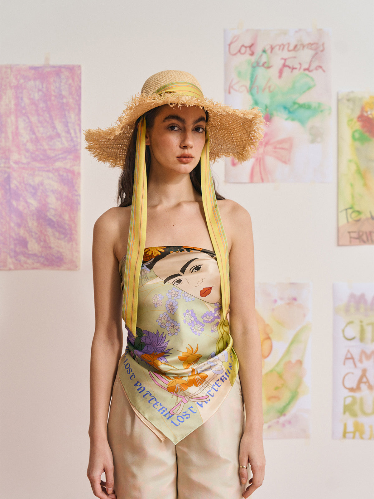 FRIDA x LOST PATTERN "Frida's Garden" Straw Hat with Ribbon Tie - Green