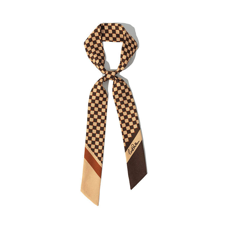 "Checkerboard" Silk Twill Skinny Scarf - Coffee