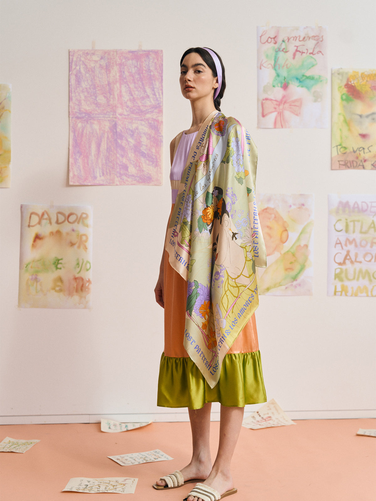 FRIDA x LOST PATTERN "Los Amores de Frida" Large Silk Scarf - Pastel