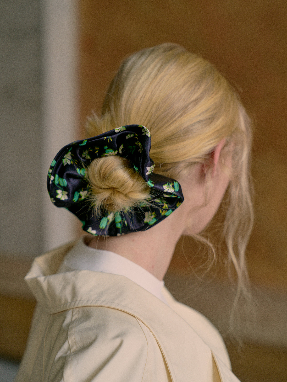 "Beach Blossom" Oversized Viscose Scrunchie Hair Tie - Black