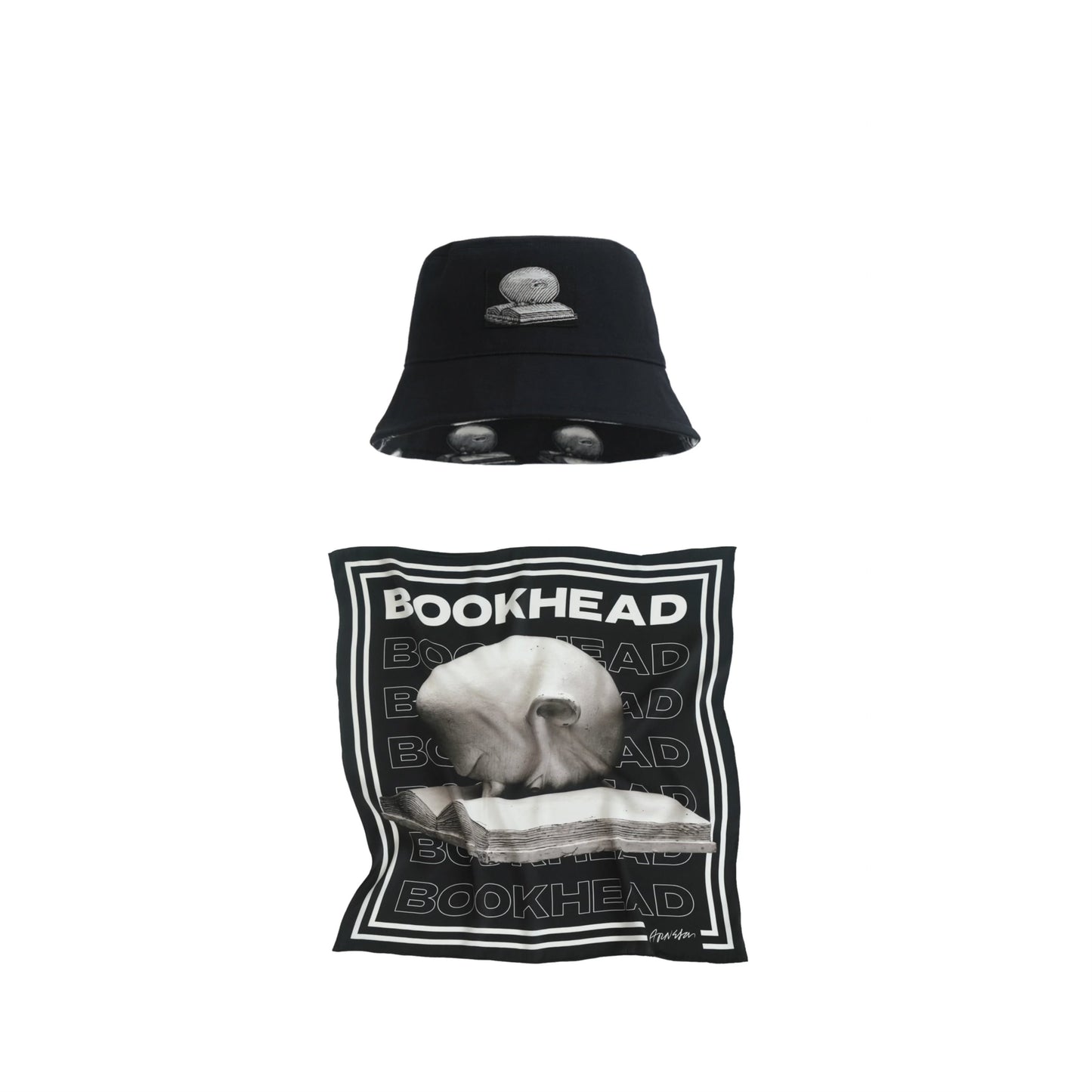 Black Bundle: Black “Bookhead" Bucket Hat & Silk Scarf