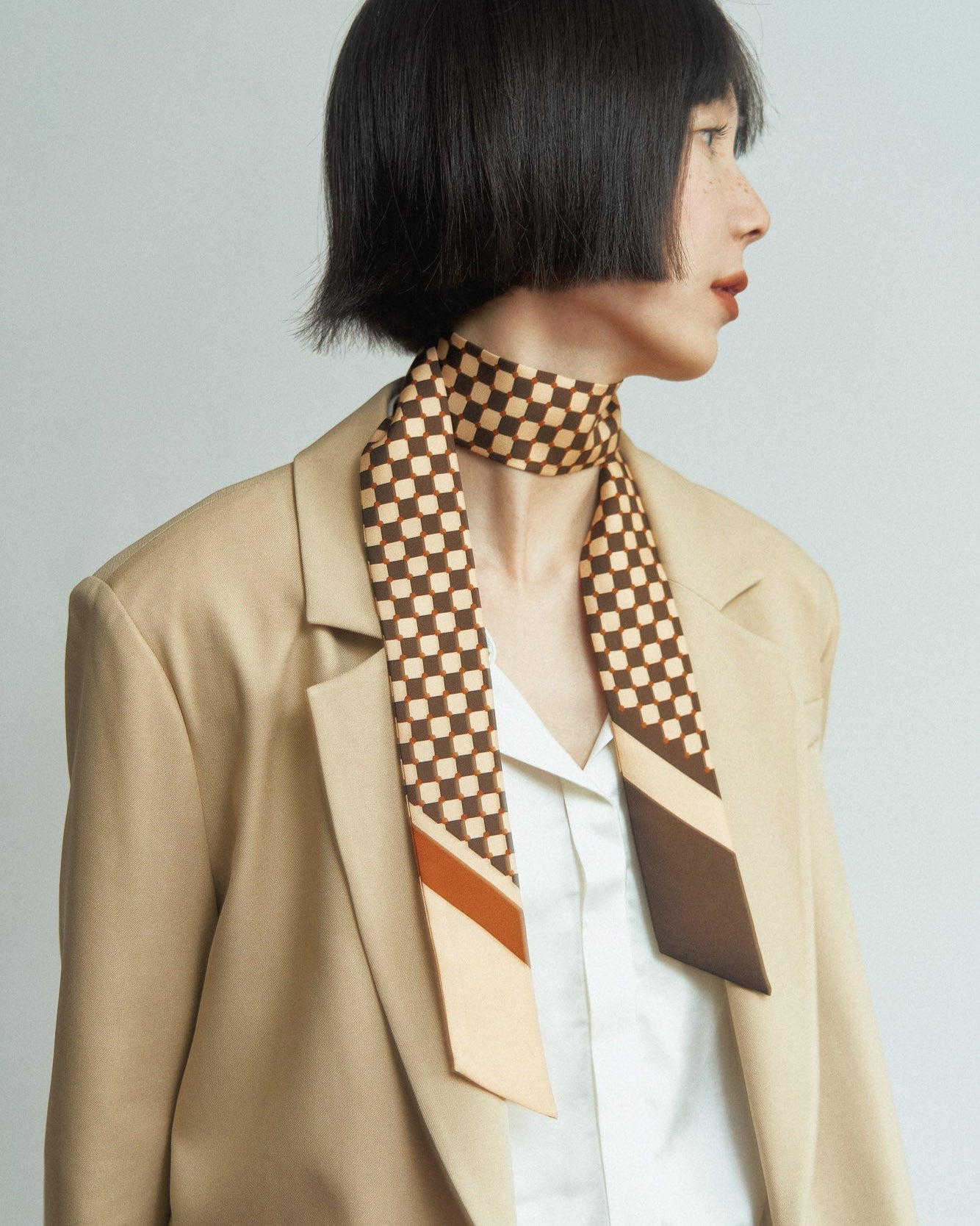 "Checkerboard" Silk Twill Skinny Scarf - Coffee