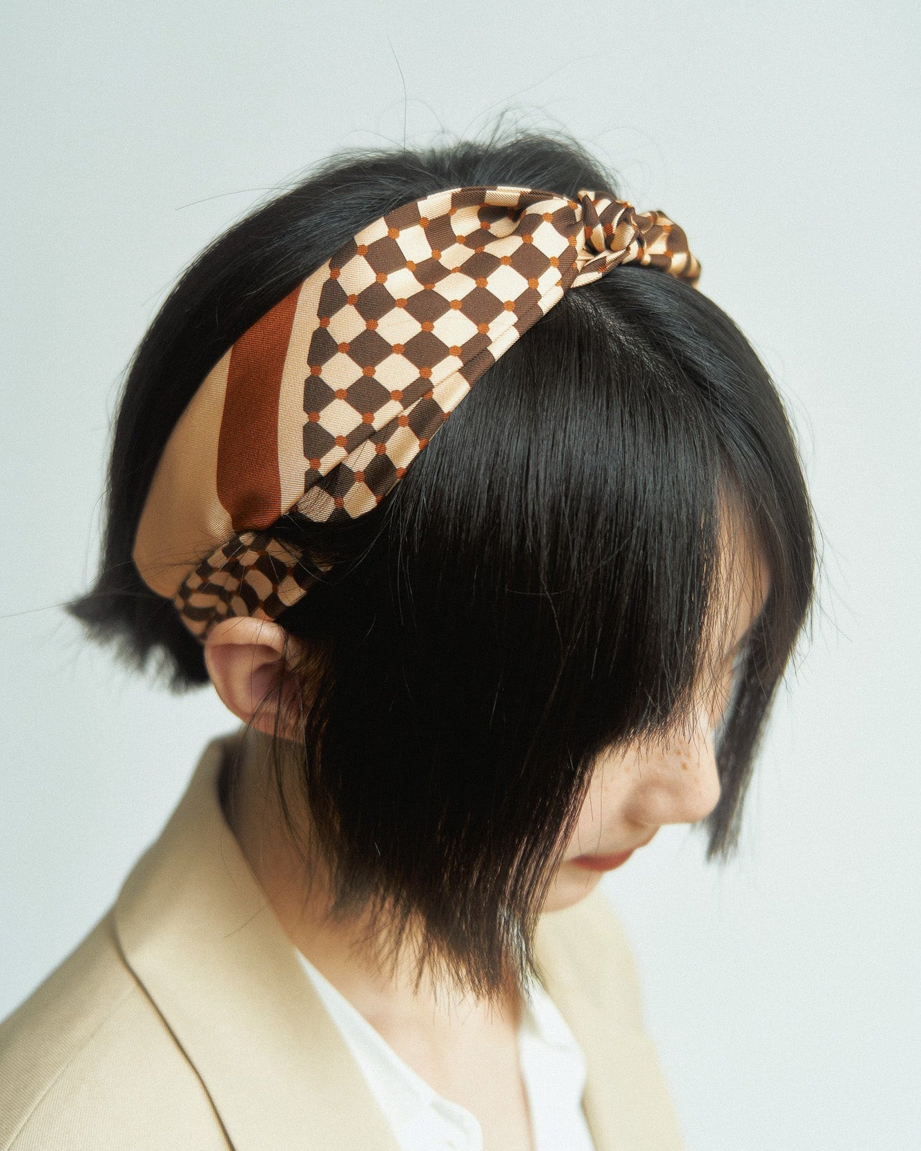 "Checkerboard" Silk Twill Skinny Scarf - Coffee