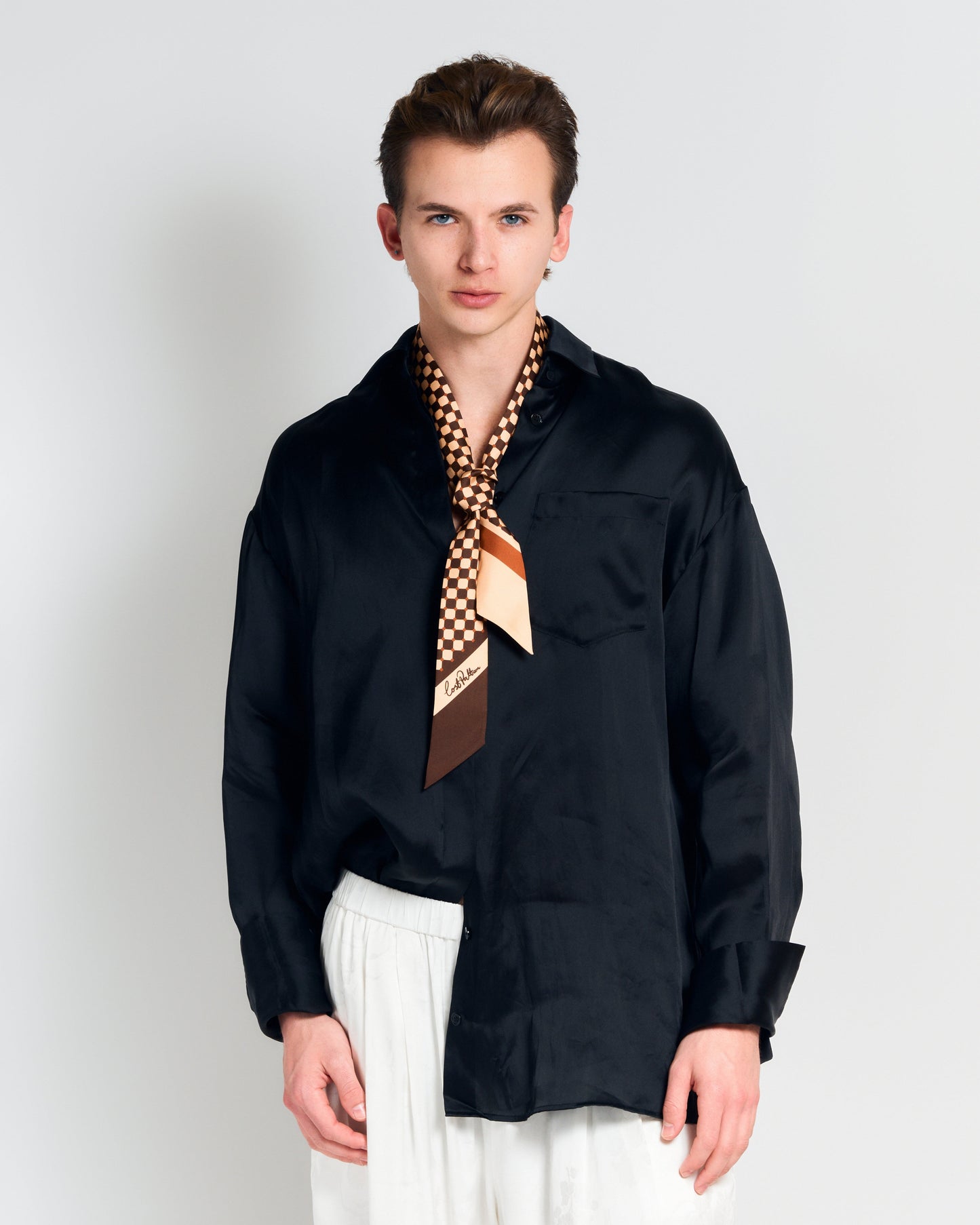 "Checkerboard" Silk Twill Skinny Scarf - Coffee