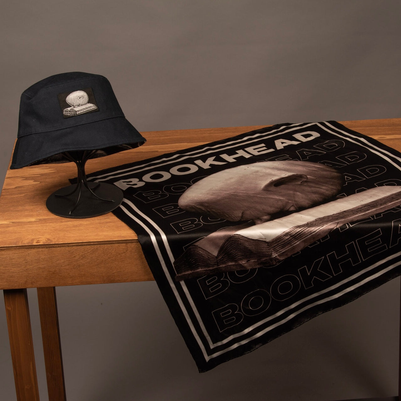 Black Bundle: Black “Bookhead" Bucket Hat & Silk Scarf