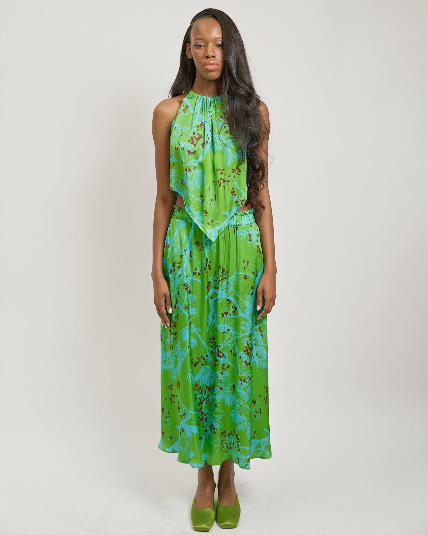 “Coco Dream” Satin Midi Skirt - Green