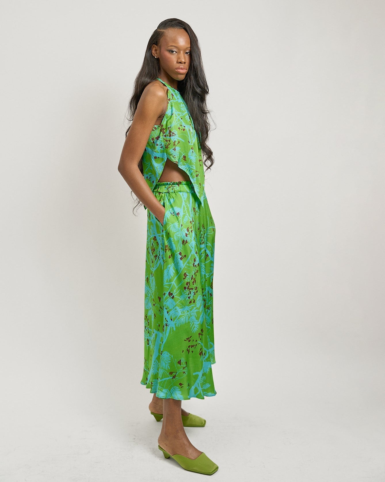 “Coco Dream” Satin Midi Skirt - Green