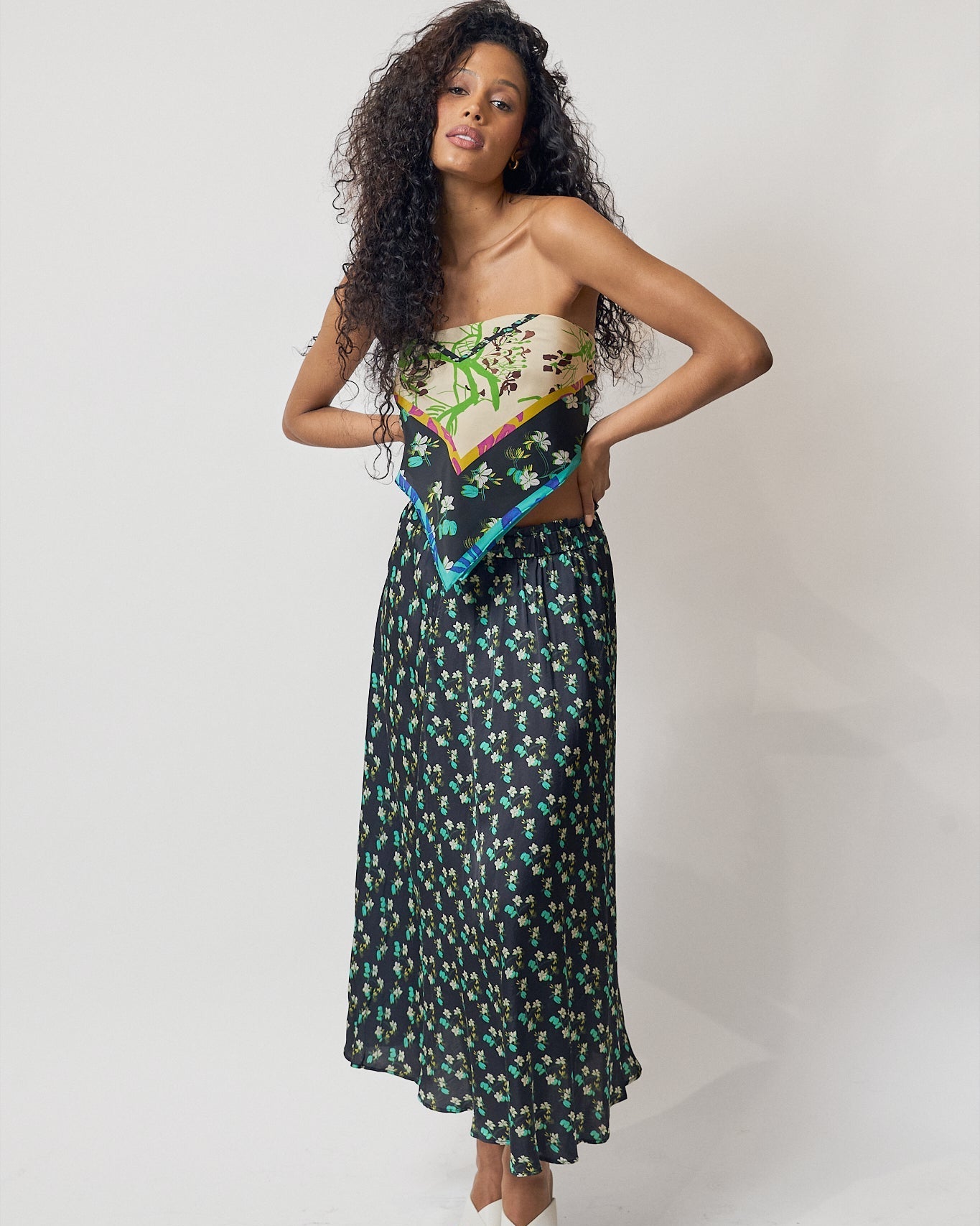 "Beach Blossom" Satin Midi Skirt -Black