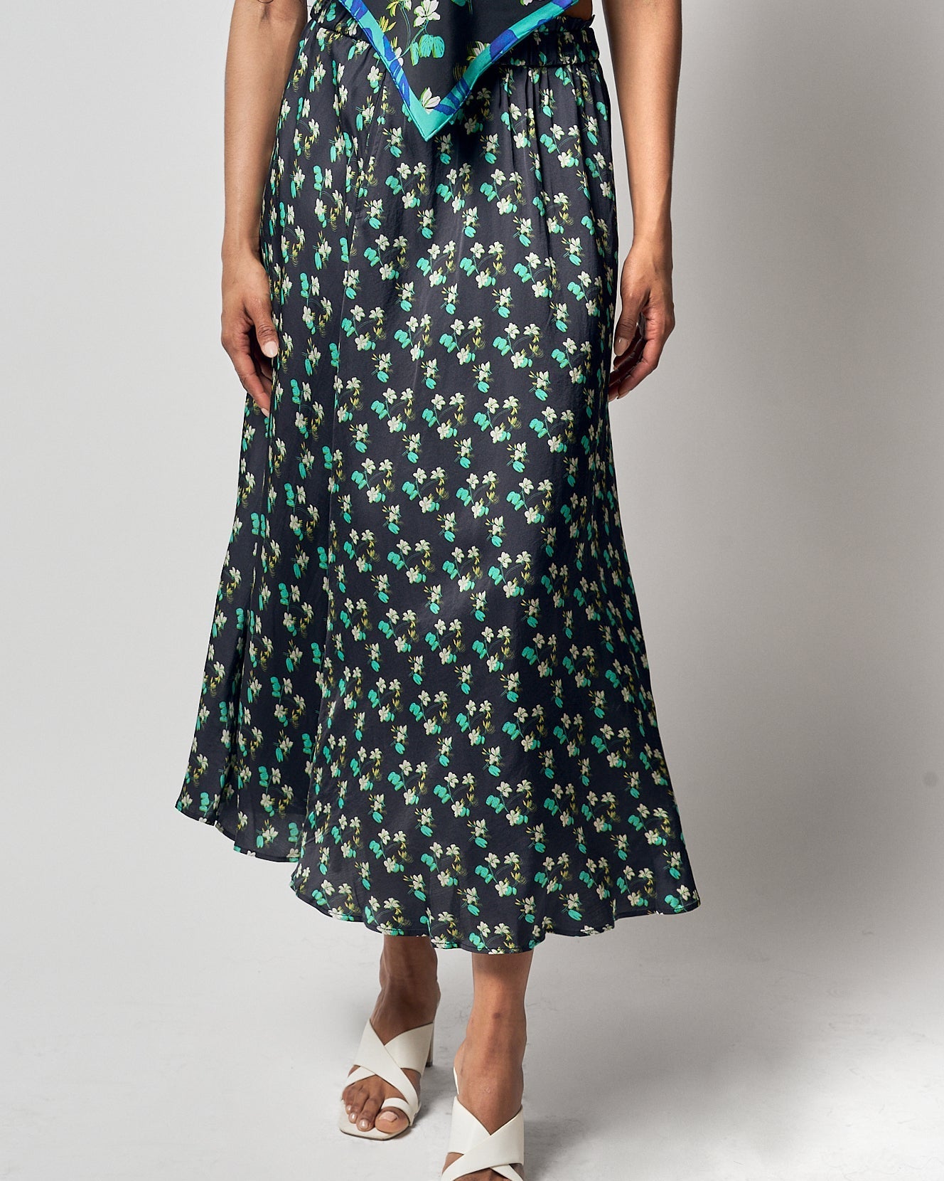 "Beach Blossom" Satin Midi Skirt -Black