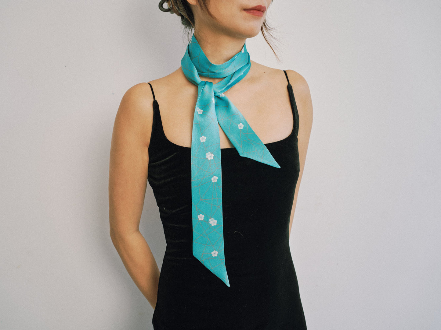 "Almond Blossom" Silk Skinny Scarf - Turquoise