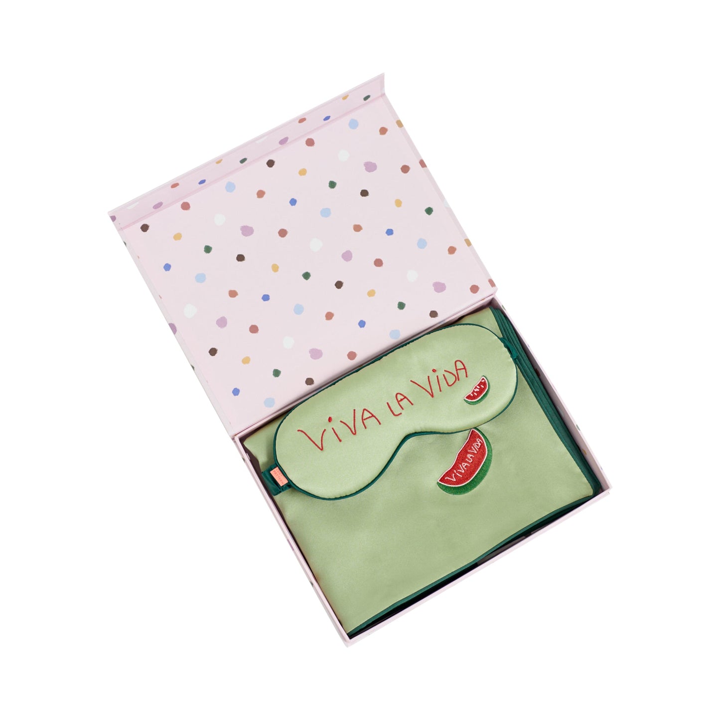 “Viva La Vida" 2 Piece Silk Gift Set: Silk Pillowcase & Silk Sleep Eye Mask - Green