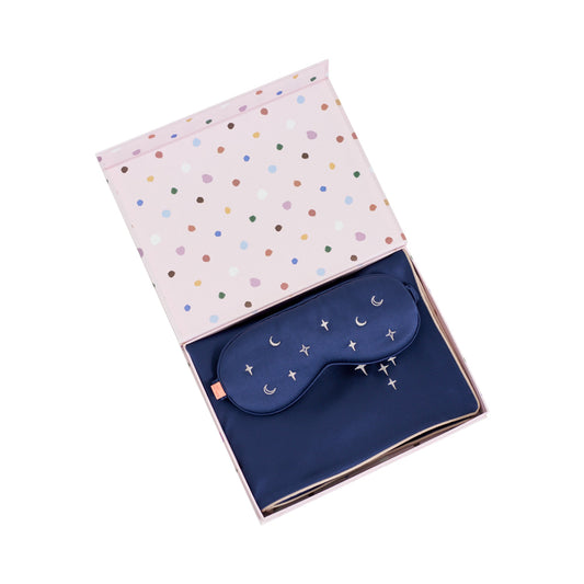 "Moonlit Stars" Silk 2 Piece Gift Set: Silk Pillowcase & Silk Sleep Eye Mask - Navy