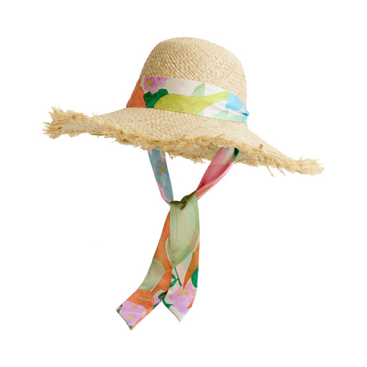 "Cartagena" Straw Hat with Ribbon Tie - Pink & Green
