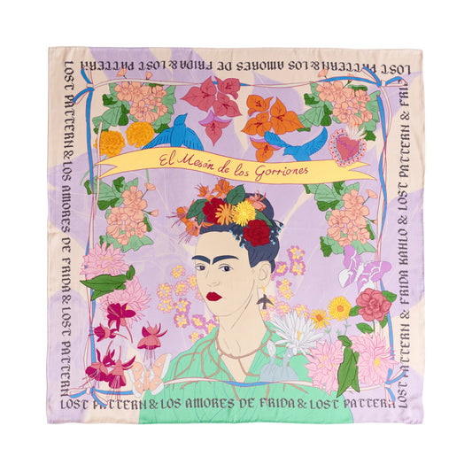 FRIDA x LOST PATTERN "Los Amores de Frida" Large Silk Scarf - Pink & Purple