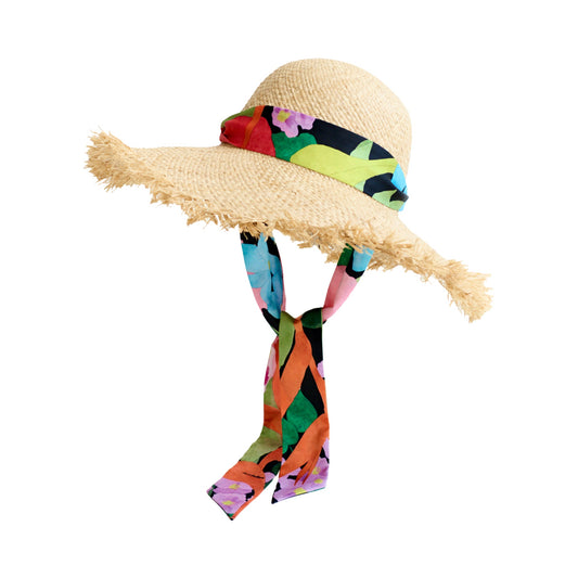 "Cartagena" Straw Hat with Ribbon Tie - Black & Orange