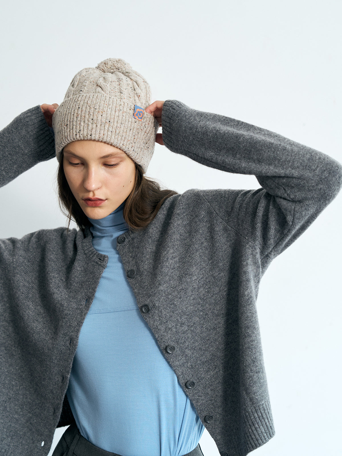"Pom Pom" Cable Knit Wool Beanie - Silver Grey