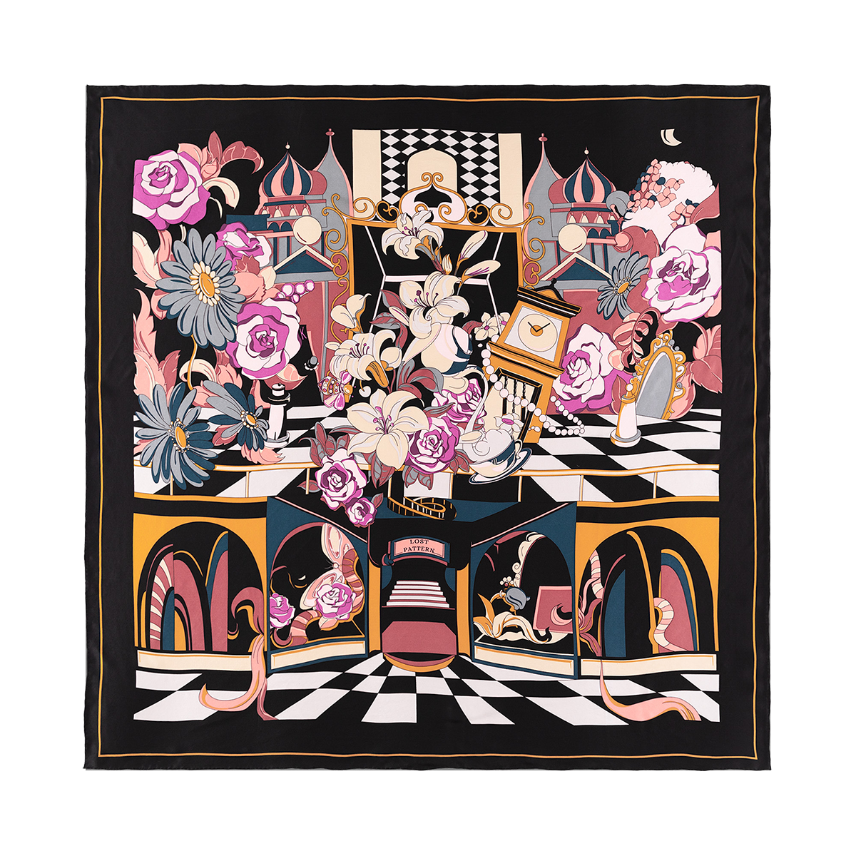 "Vintage Blooms" Large Silk Square Scarf - Black & Purple