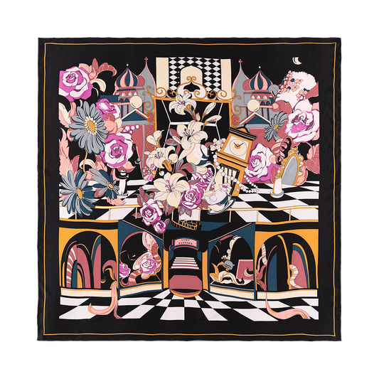 "Vintage Blooms" Large Silk Square Scarf - Black & Purple