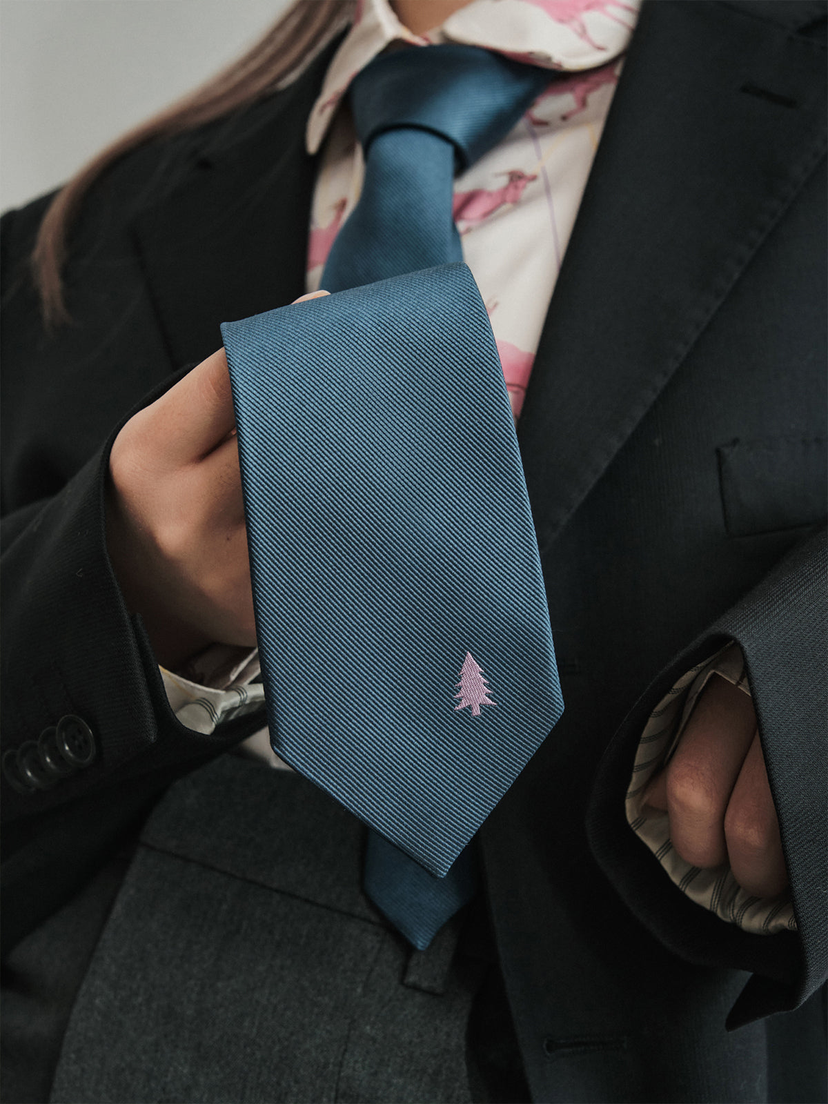 "Blush Pine" Silk Tie - Navy Blue