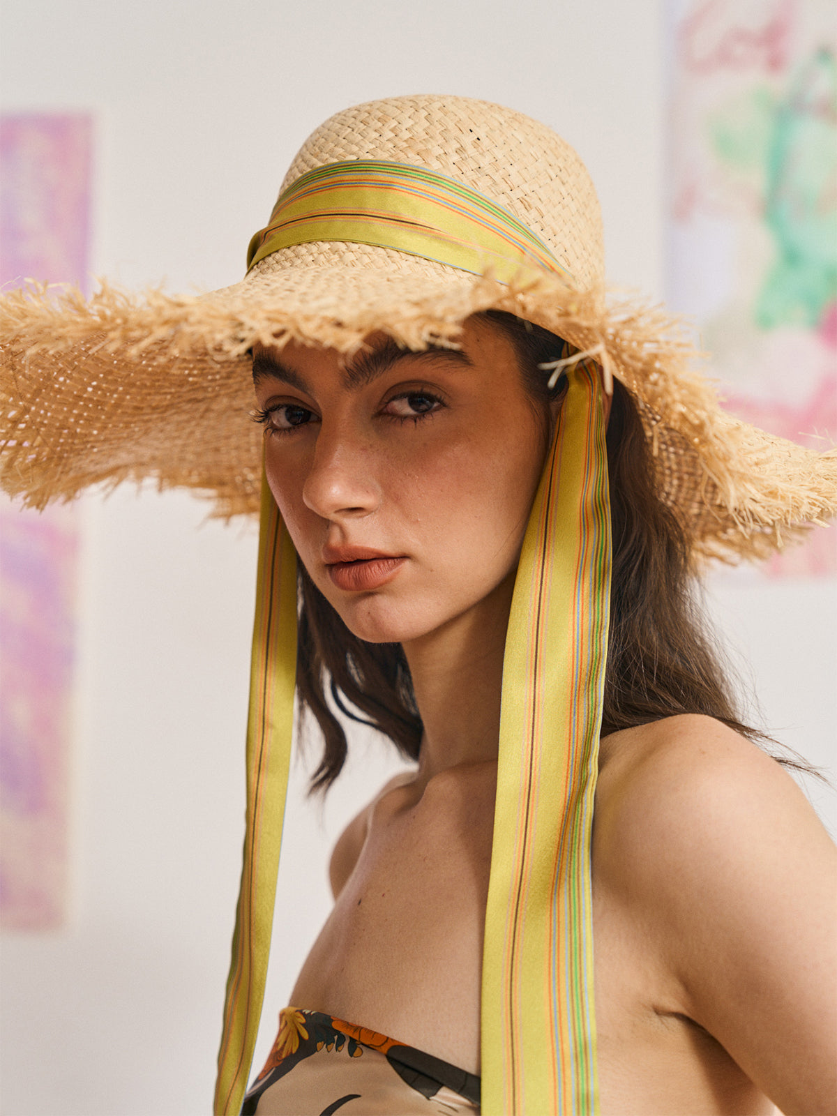 FRIDA x LOST PATTERN "Frida's Garden" Straw Hat with Ribbon Tie - Green
