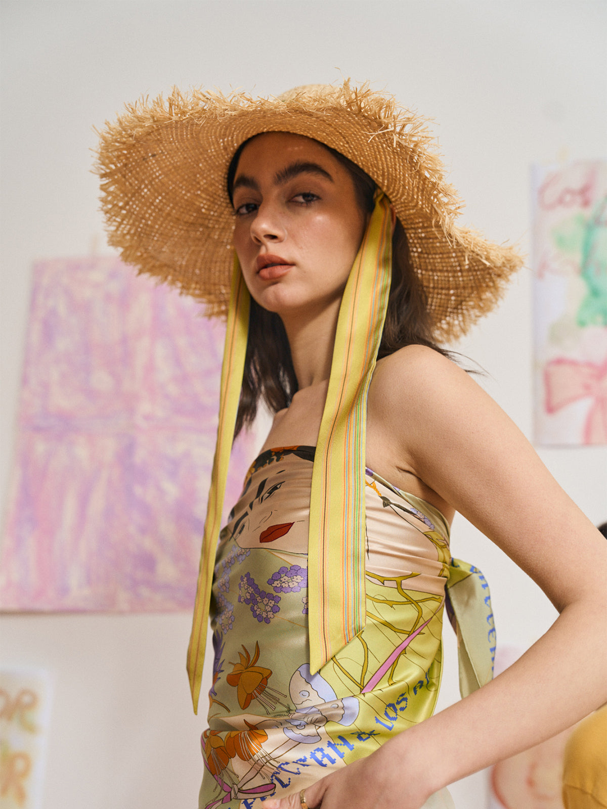 FRIDA x LOST PATTERN "Frida's Garden" Straw Hat with Ribbon Tie - Green