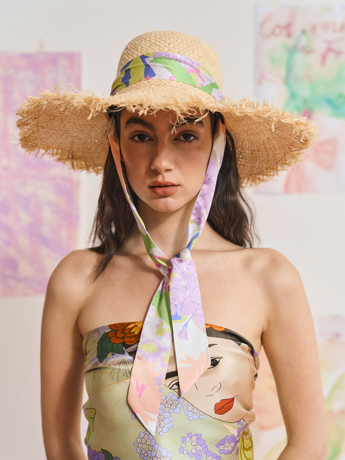 FRIDA x LOST PATTERN "Frida's Garden" Straw Hat with Ribbon Tie - Pink