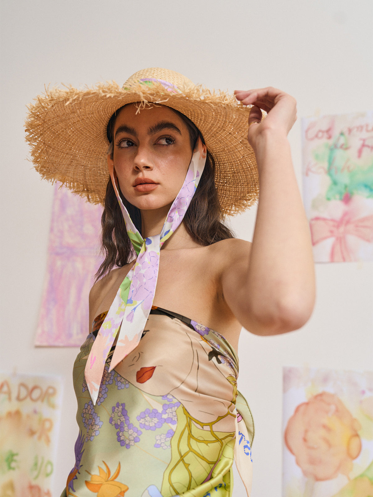 FRIDA x LOST PATTERN "Frida's Garden" Straw Hat with Ribbon Tie - Pink