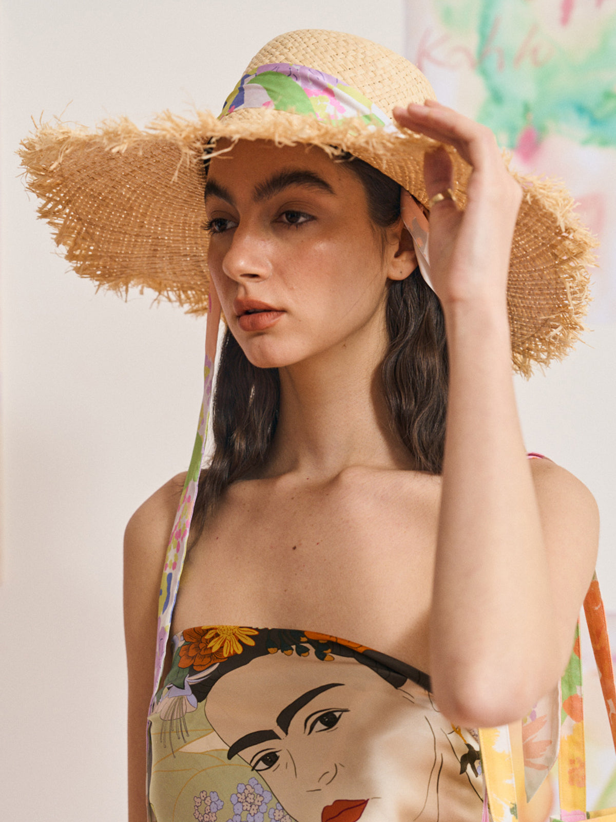 FRIDA x LOST PATTERN "Frida's Garden" Straw Hat with Ribbon Tie - Pink