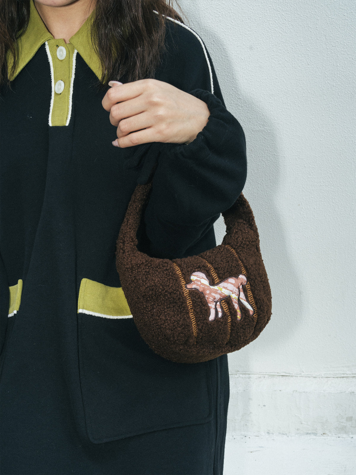 "Pan Pan" Half Moon Shearling Bag - Chocolate