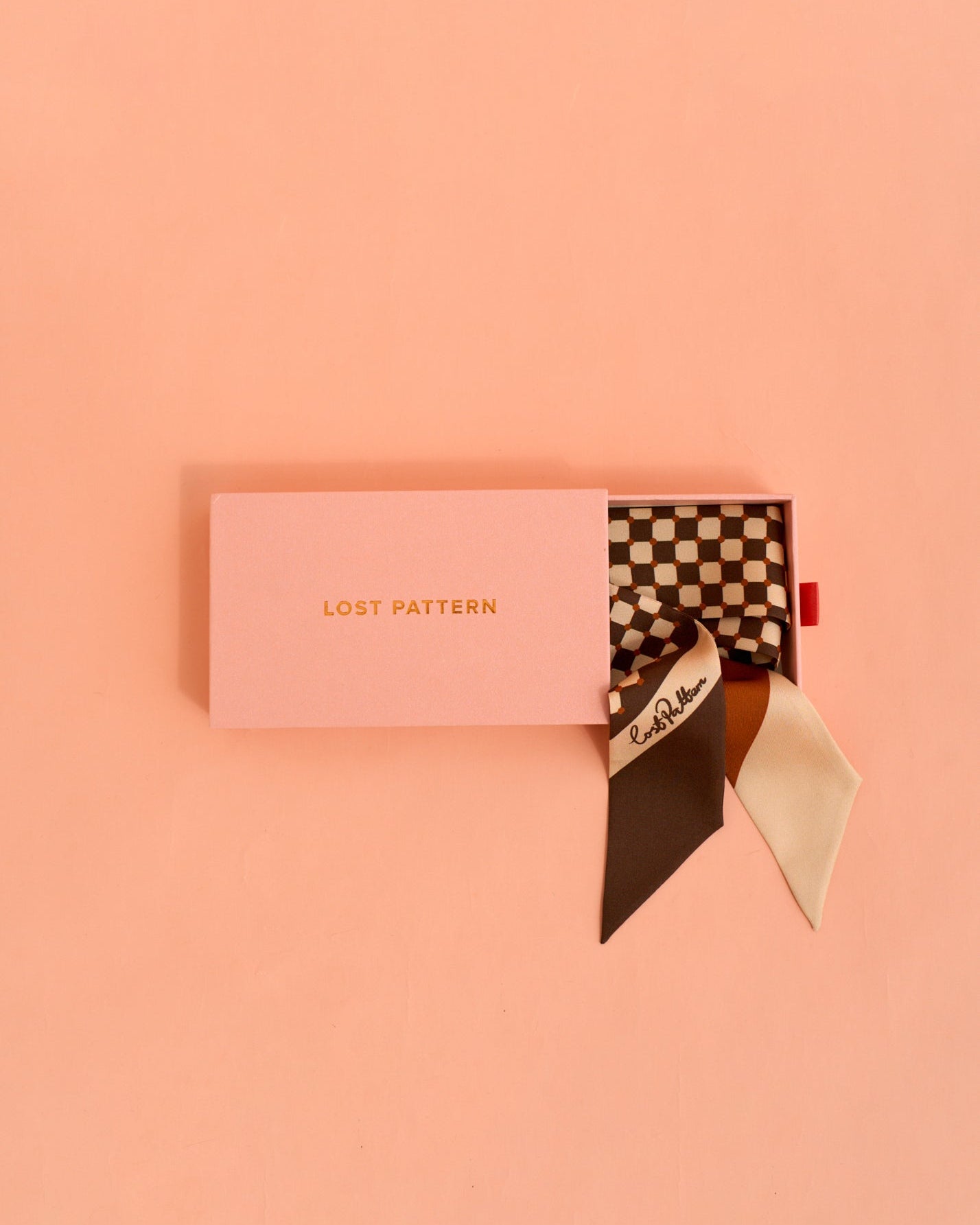 "Checkerboard" Silk Twill Skinny Scarf  - Coffee