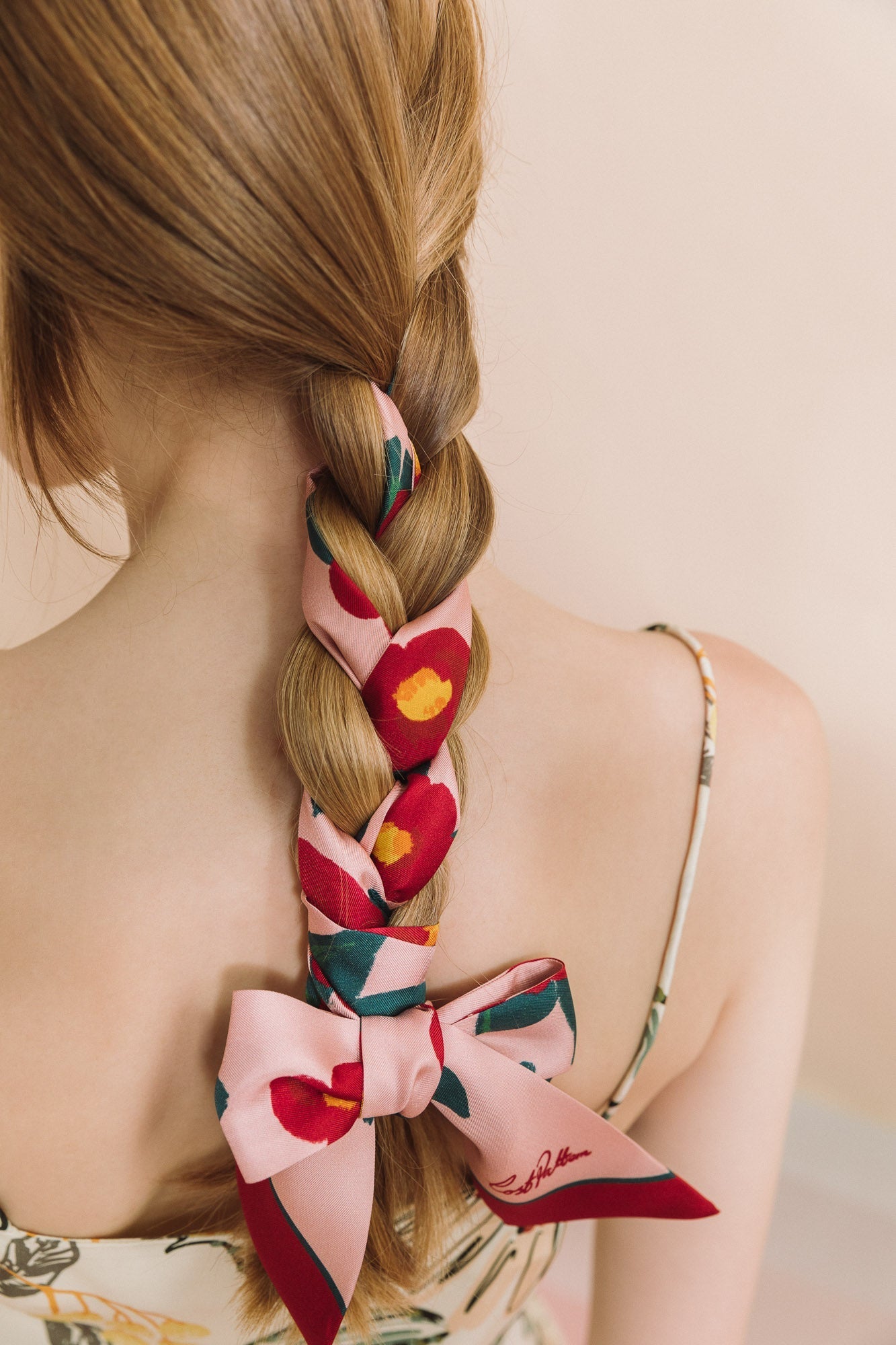 "Camellia" Silk Twill Skinny Scarf - Red & Pink