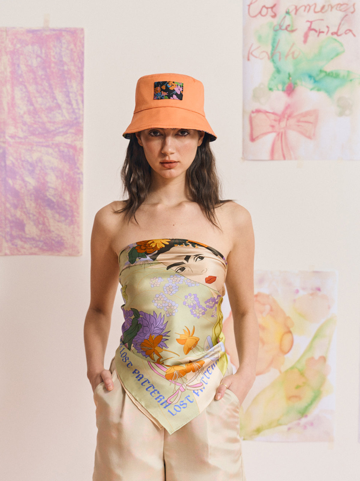 FRIDA X LOST PATTERN "Frida's Garden" Jacquard Reversible Bucket Hat - Salmon
