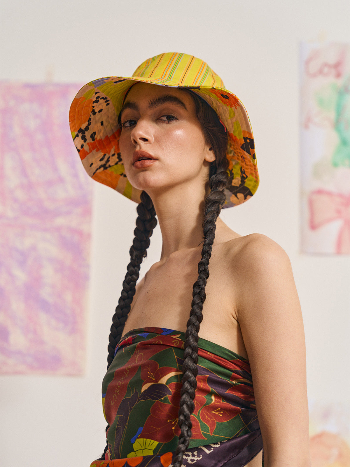FRIDA x LOST PATTERN "Frida's Garden" Cotton Reversible Sun Hat - Purple & Yellow