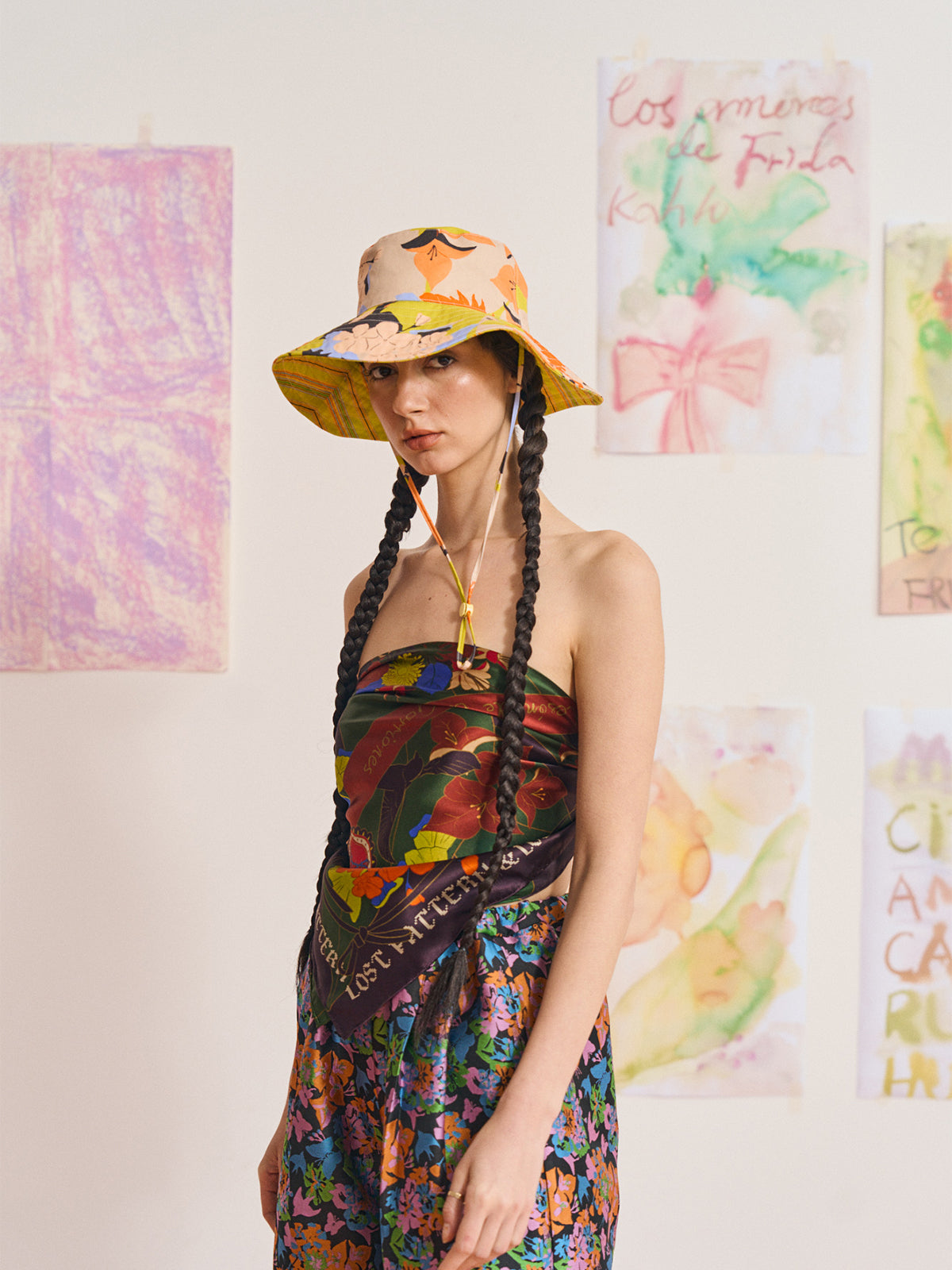 FRIDA x LOST PATTERN "Frida's Garden" Cotton Reversible Sun Hat - Purple & Yellow