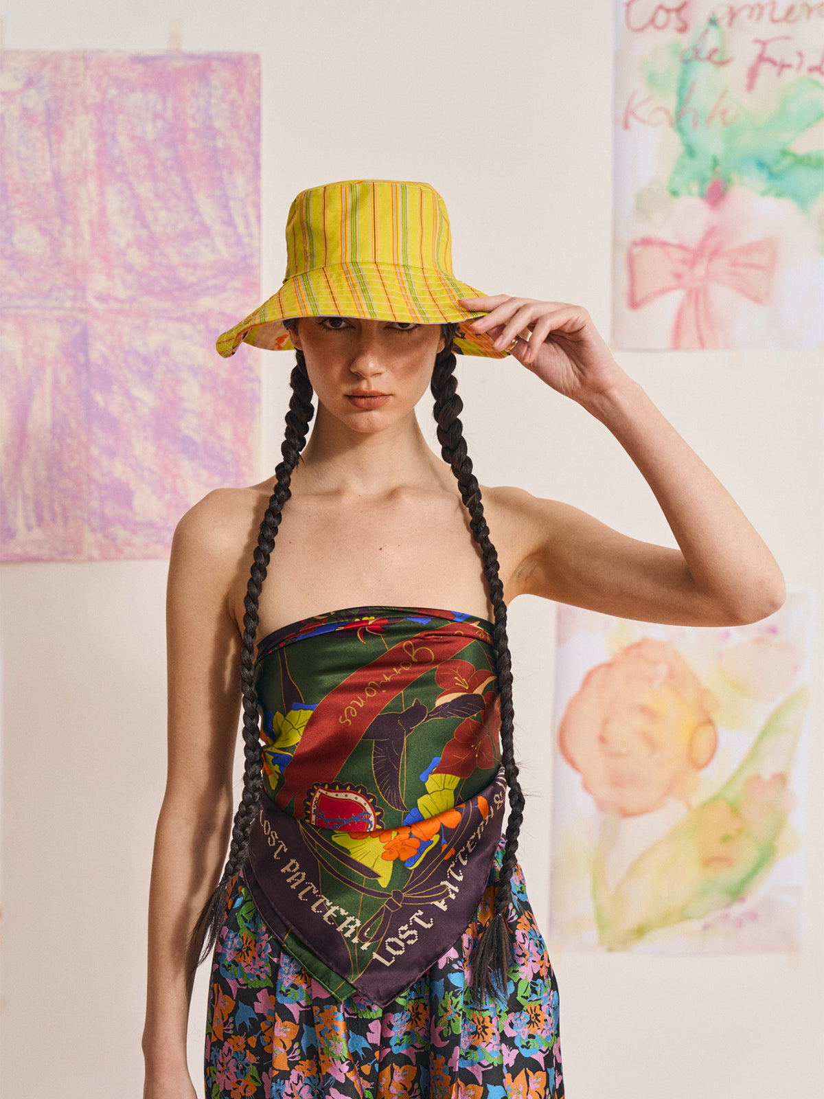FRIDA x LOST PATTERN "Frida's Garden" Cotton Reversible Sun Hat - Purple & Yellow