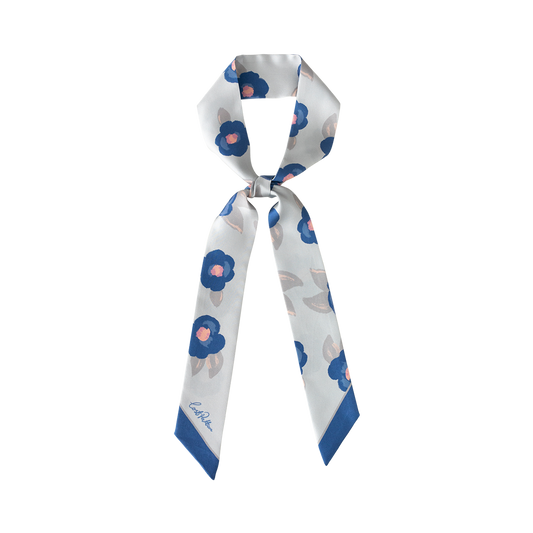 "Camellia" Silk Twill Skinny Scarf - Blue