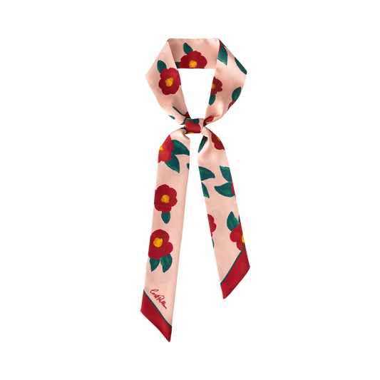 "Camellia" Silk Twill Skinny Scarf - Red & Pink