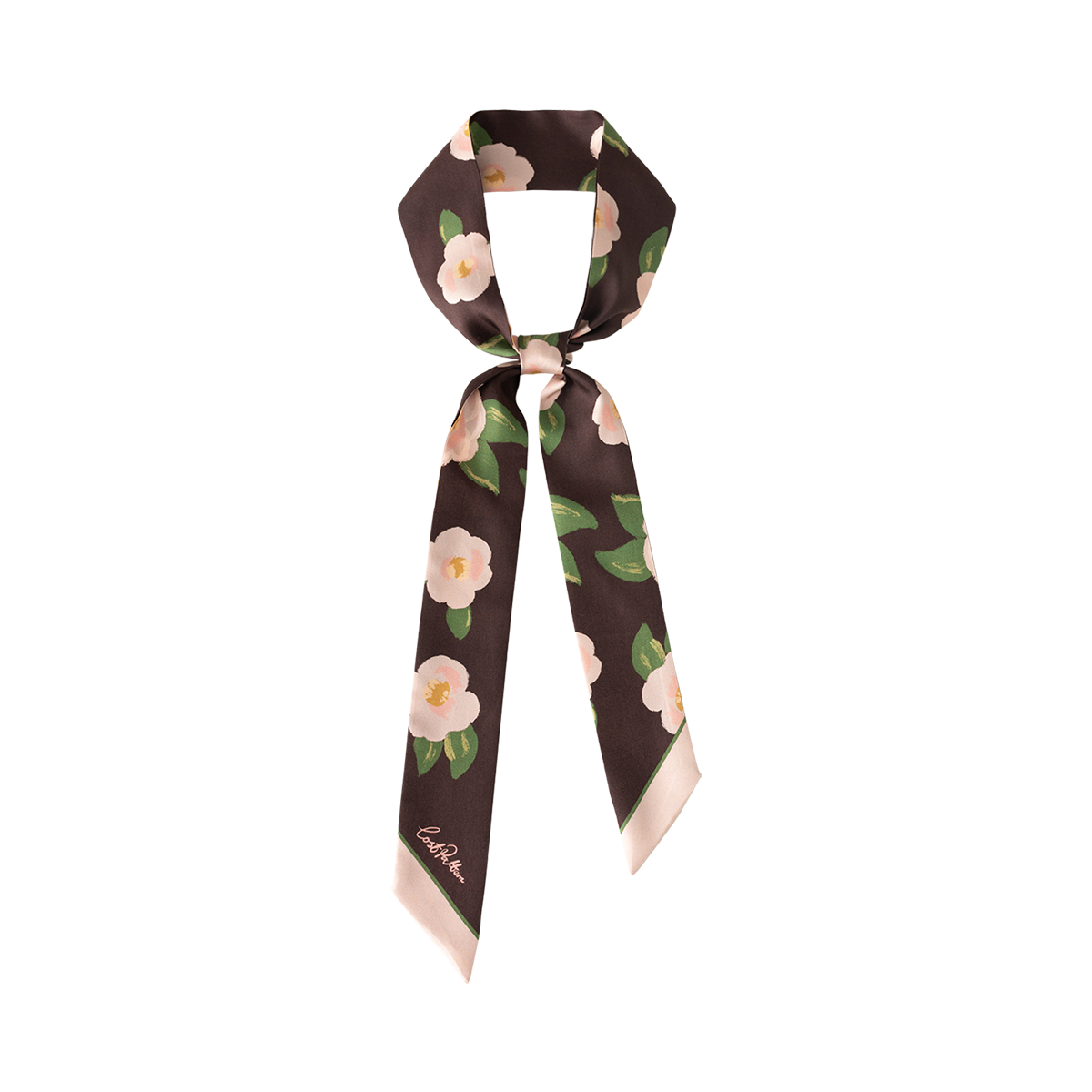 "Camellia" Silk Twill Skinny Scarf - Dark Brown