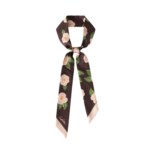 "Camellia" Silk Twill Skinny Scarf - Dark Brown