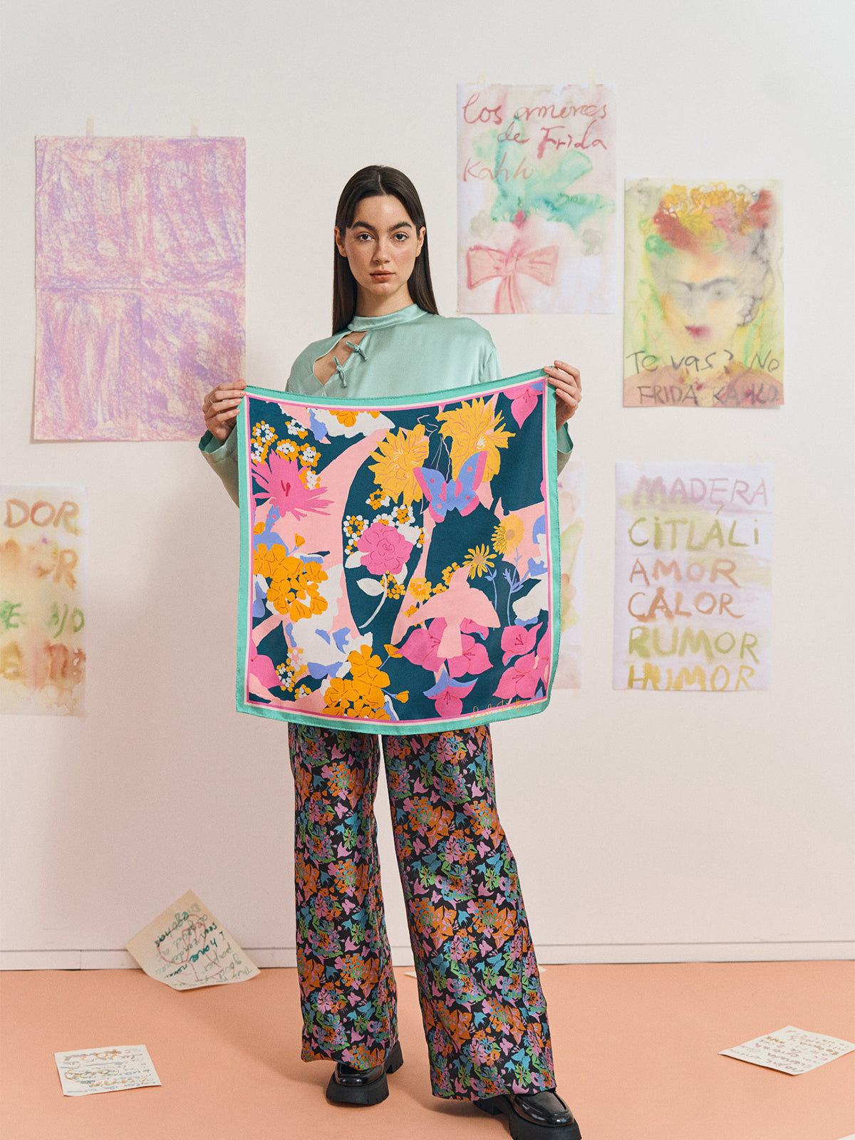 FRIDA x LOST PATTERN "Frida's Garden" Silk Bandana Scarf - Purple