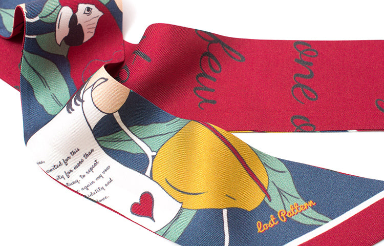 "El Amor" Silk Twill Skinny Scarf- Tropical Red & Blue