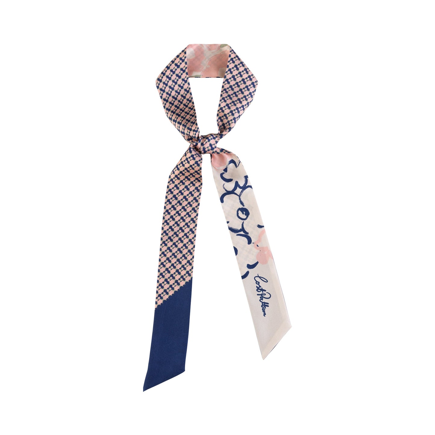 "Floral Houndstooth" Silk Twill Skinny Scarf - Blue