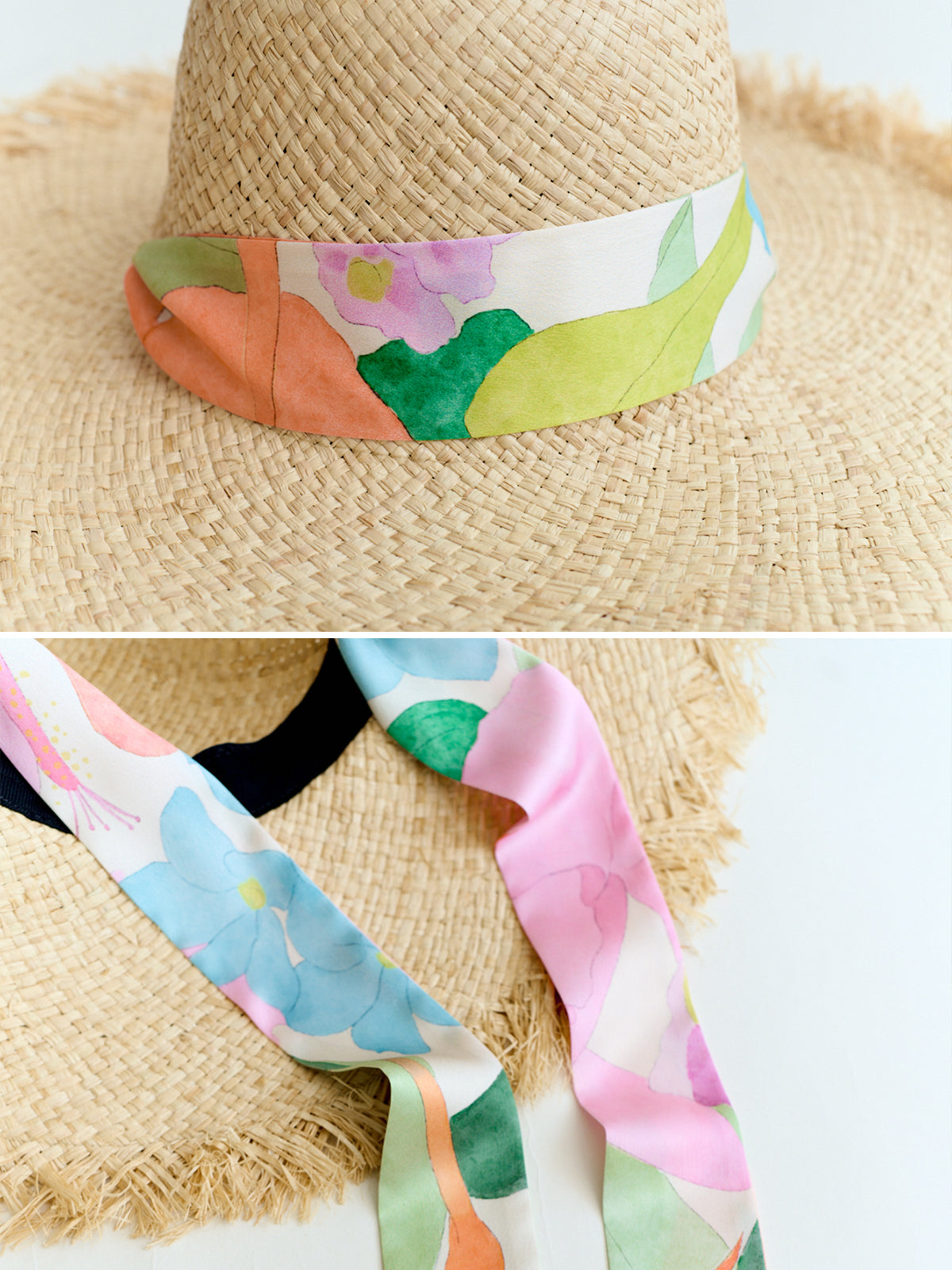"Cartagena" Straw Hat with Ribbon Tie - Pink & Green