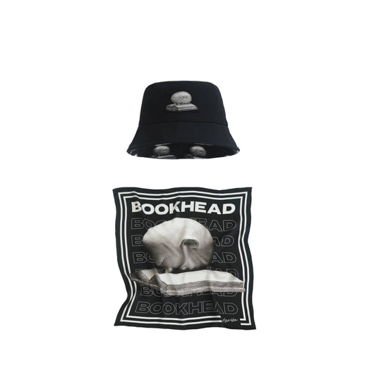 Black Bundle: Black “Bookhead" Bucket Hat & Silk Scarf