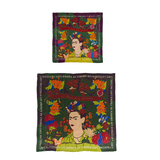 FRIDA X LOST PATTERN "Los Amores De Frida" Silk Pocket Square & Large Silk Scarf Set - Dark Green
