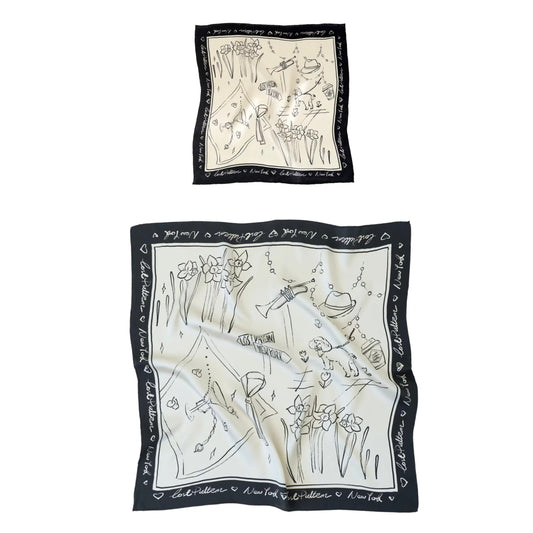 "New York In Sketches" Silk Pocket Square & Silk Scarf Set - Black & White