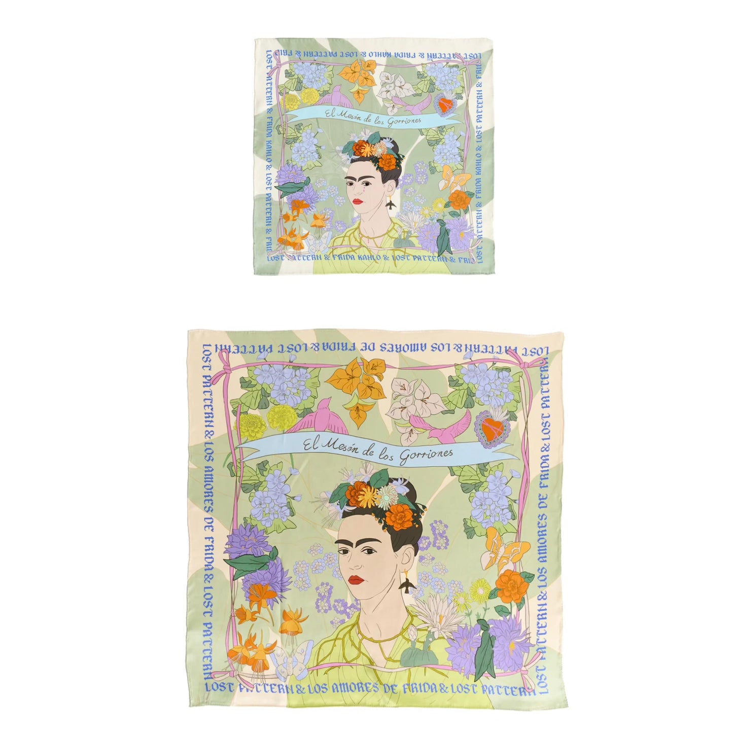 FRIDA X LOST PATTERN "Los Amores De Frida" Silk Pocket Square & Large Silk Scarf Set - Pastel
