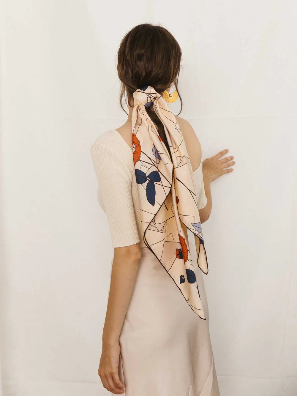 "Camellia" Silk Pocket Square & Large Silk Scarf Set -Khaki